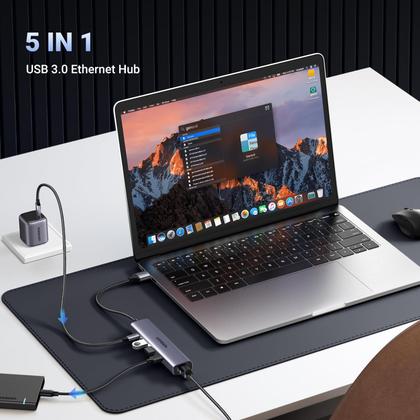 Imagem de Adaptador USB para Ethernet UGREEN - Hub 5 em 1 com 3 Portas USB 3.0