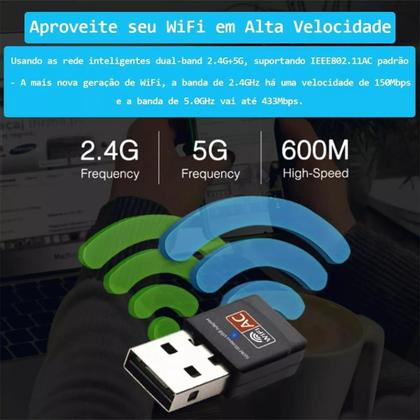 Imagem de Adaptador Usb Wifi Dual Band 2.4 5Ghz 600Mbps Wireless 5G Ac