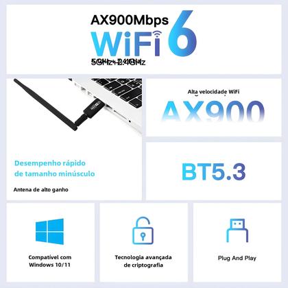 Imagem de Adaptador WiFi USB Dual Band AX900 Bluetooth 5.3 - Receptor Wireless Wi-Fi 6 para PC e Laptop