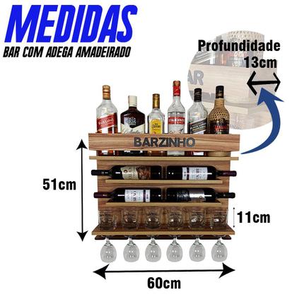 Imagem de Adega e Barzinho de Parede para sala bebidas com porta taças vinho - Barzinho - 60 x 51 - cor Nogueira