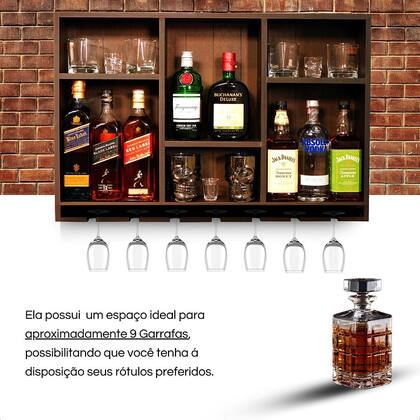 Imagem de Adega Parede Barzinho Aparador Bebidas Garrafas Porta Taças Porta Copos MDF Alto Padrão Suspenso Decoração Churrasco Cor Tabaco Fundo Ripado