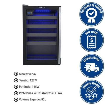 Imagem de Adega Piubella Venax 100 127V Para 24 Garrafas Preto Porta Invertida Iluminação LED Azul 19925