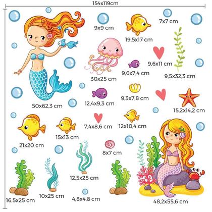 Imagem de Adesivo de Parede 154x119cm Fundo do Mar Sereias para Menina Papel De Parede Decorativo Infantil 