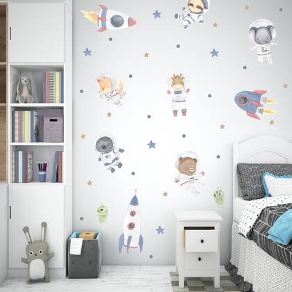 Imagem de Adesivo de parede animais astronautas aquarela foguetes decoração infantil