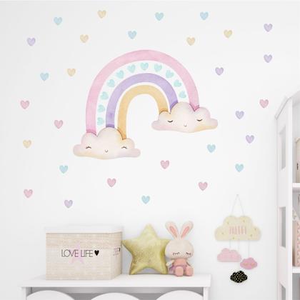 Imagem de Adesivo De Parede Chuva De Amor Arco-íris Nuvens Bebê Menina Quarto Aquarela