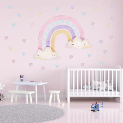Imagem de Adesivo De Parede Chuva De Amor Arco-íris Nuvens Bebê Menina Quarto Aquarela