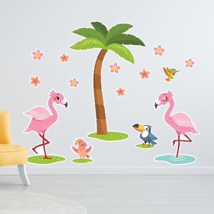 Imagem de Adesivo de Parede Flamingos e Flores para Quarto de Menina