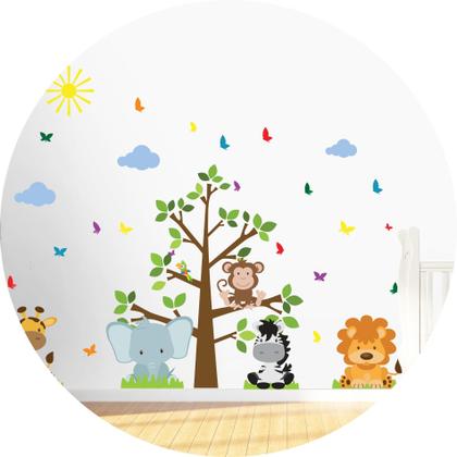 Imagem de Adesivo De Parede Infantil Árvore Safari Com Nuvens Em Azul