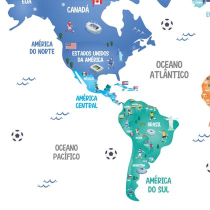 Imagem de Adesivo de Parede Infantil Mapa Mundi Futebol - Copa do Mundo para quarto meninos
