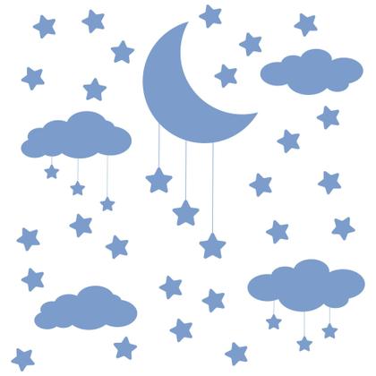 Imagem de Adesivo de Parede Infantil Nuvens Lua e Estrelas Azul