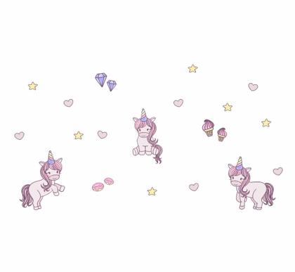 Imagem de Adesivo de Parede Infantil Unicórnios Fofos com sorvete, estrelas e corações
