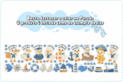 Imagem de adesivo de parede patinhos marinheiros timão barco boia peixe baleia mar aquarela cute baby