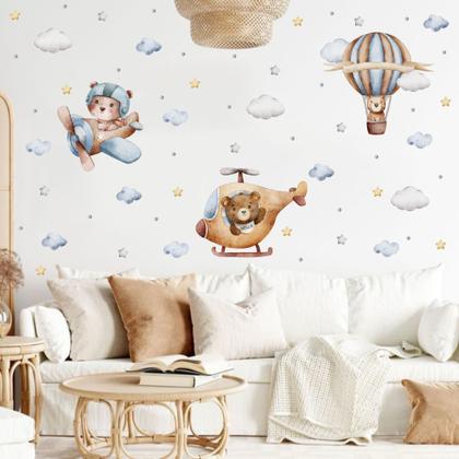 Imagem de Adesivo de Parede Urso Aviador Boho Aviões e Balões decoração Infantil