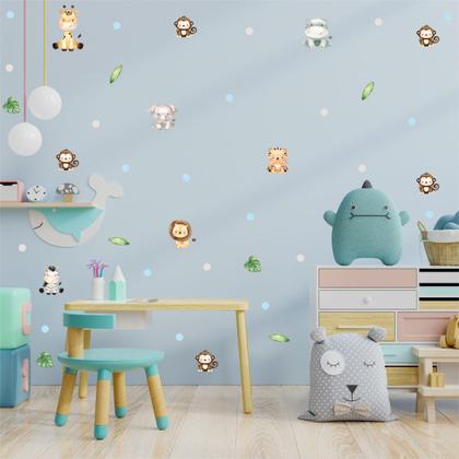 Imagem de Adesivo Parede Bichinhos Infantil Safari Quarto Bebê Cor Azul Paste Fácil Aplicação