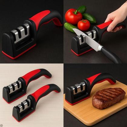Imagem de Afiador Amolador De Facas 3 Opções Manual Inox Cor Preto Preto Com Vermelho
