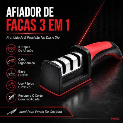 Imagem de Afiador de Facas Manual 3 em 1 com Cabo Ergonômico para Lâminas de Aço