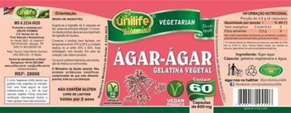 Imagem de Ágar-Ágar 100 Vegetal 60 Cápsulas 600mg - Unilife