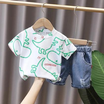 Imagem de Agasalho Infantil Dinossauro - Camiseta e Shorts Jeans para Meninos (1-5 anos)