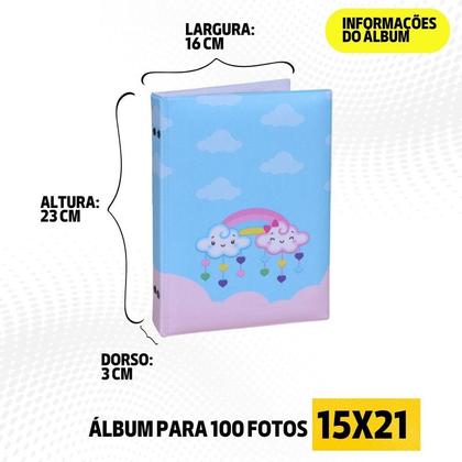 Imagem de Álbum Fotográfico 15x21 para 100 Fotos CHUVA DE AMOR AZUL E ROSA Bebê Infantil Nuvem