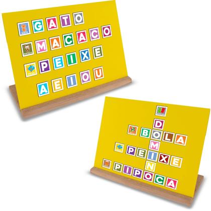 Imagem de Alfabeto Magnético Quadro De Metal E Base De Madeira 80 Peças Letras E Figuras Nig Brinquedos