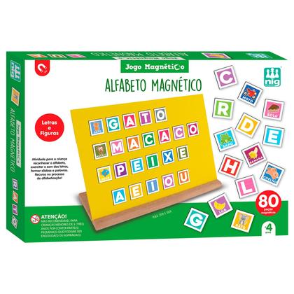 Imagem de Alfabeto Magnético Quadro De Metal E Base De Madeira 80 Peças Letras E Figuras Nig Brinquedos