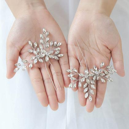 Imagem de Alfinetes de cabelo de casamento Unicra Rhinestone Bride Clipes de cabelo de noiva Peça de cabelo de cristal Acessórios de cabelo decorativos para damas de honra para mulheres e meninas, pacote com 2 (prata A)