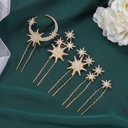 Imagem de Alfinetes de cabelo Unicra Star Moon Crystal Bridal Wedding Gold (x5)