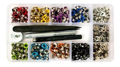 Imagem de Alicate 2 em 1 Para Fazer Furo e Aplicar Ilhós 54 + 400 Ilhoses Sortidos de Alumínio com Arruela