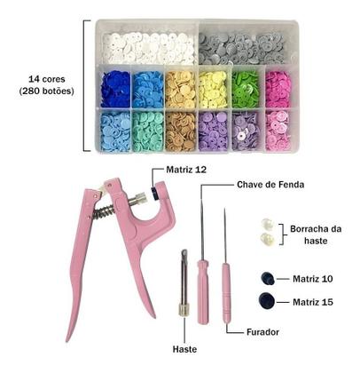 Imagem de Alicate Aplicar Botões Plástico de Pressão + Box com 280 Botões Ritas Coloridos 10mm