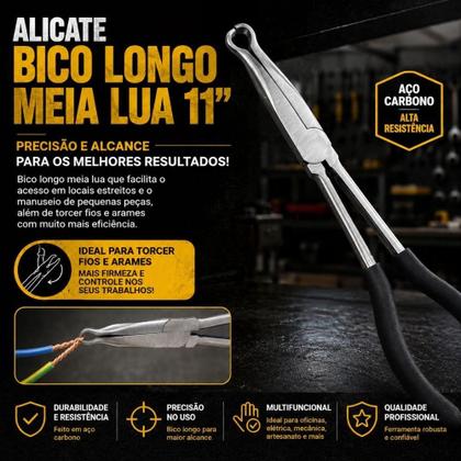 Imagem de Alicate bico meia lua longo 11 polegadas aco carbono filtro combustivel universal profissional reforcado