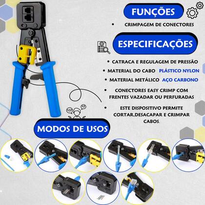 Imagem de Alicate Crimpa Prensa Terminal Tubular com 100 Conectores RJ45 Cat5e Vazado EzCrimp Profissional