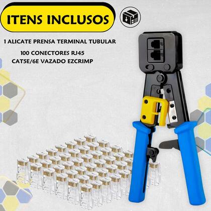Imagem de Alicate Crimpa Prensa Terminal Tubular com 100 Conectores RJ45 Cat5e Vazado EzCrimp Profissional
