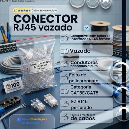 Imagem de Alicate Crimpagem Rj45 Profissional Cat5e/6/7 Rede Pass-Through Vazado + 100 Conectores RJ45 Vazados