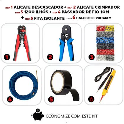 Imagem de Alicate Crimpar + Descascador + Terminais Ilhós 0,25 A 10mm + Passa Fio + Fita Isolante