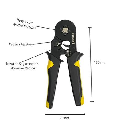 Imagem de Alicate Crimpar Prensa Com Catraca Ajustável Trava de Segurança Terminal Ilhos Tubular 0,25 A 10mm² 6-4A Profissional 1710