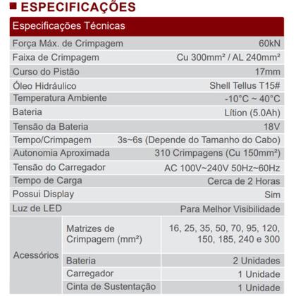 Imagem de Alicate Elétrico Hidráulico EZ-300  Terminais à Compressão com Bateria e Maleta