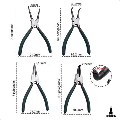 Imagem de Alicate Extrator de Anéis Bico Curvo Reto Interno Externo 7 polegadas Kit 4 Peças Lorben GT6217