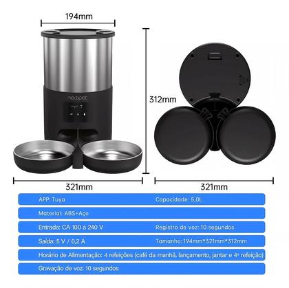 Imagem de Alimentador Comedouro Inteligente Duplo Cachorro Gato Pet 5L APP Robotizado Alto Falante Temporizador