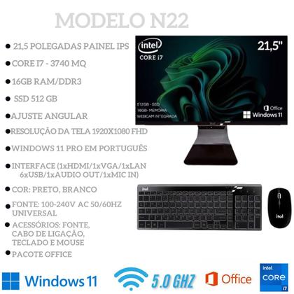 Imagem de All In One computador I7 Intel Core 16GB Ssd 512gb Tela Full HD 21.5 pol kit pc completo wifi windows11 bluetooth Aio Teclado mouse sem fio office