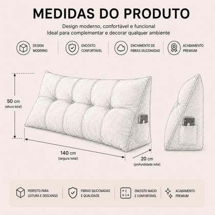 Imagem de Almofada de Cabeceira Retangular Mel 140cm Suede Apoio Conforto com Bolso Lateral