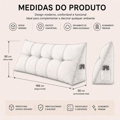 Imagem de Almofada de Cabeceira Retangular Mel 195cm Suede Apoio Conforto com Bolso Lateral
