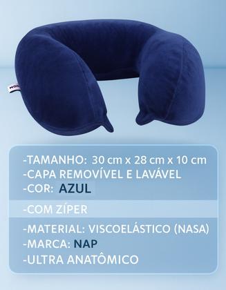 Imagem de Almofada de Pescoço Apoio Encosto AZUL Anatômico NASA Padrão PREMIUM NAP Avião Viagem Leitura C/ Botão Antialérgico