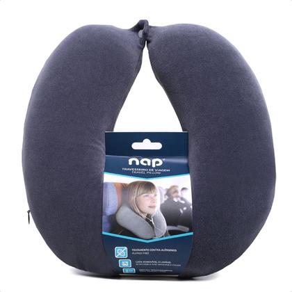 Imagem de Almofada de Pescoço Apoio Encosto CORES ROSA AZUL PRETA Anatômico Padrão PREMIUM NAP Avião Viagem Leitura C/ Botão