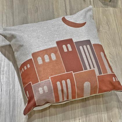 Imagem de Almofada Linho Bege Geometria Cidade Coqueiro Árabe 45x45