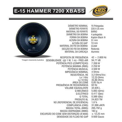 Imagem de Alto Falante Eros 15" E15 Hammer 7200 Xbass 7.2K 3600W Rms 4 Ohms