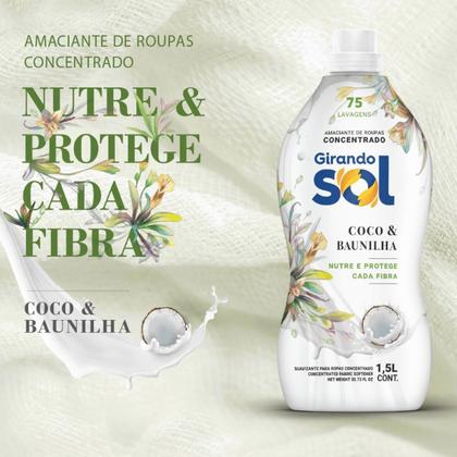 Imagem de Amaciante Concentrado Coco E Baunilha Girando Sol 1,5L, Amaciante De Roupas Concentrado, Branco, Nutre E Protege Cada Fi