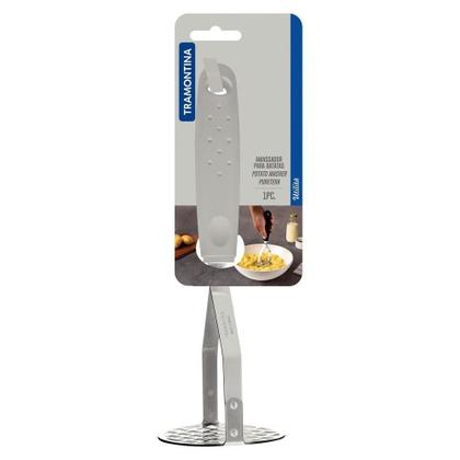 Imagem de Amassador De Batatas E Feijão Utilitá Em Aço Inox Com Cabo De Polipropileno Branco