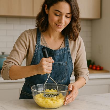 Imagem de Amassador de Legumes e Batata Portatil Aço Inox Cabo Antiderrapante Preto Resistente para Purê Fácil de Usar e Limpar Otimo para presente