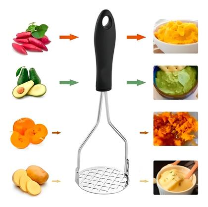 Imagem de Amassador de Legumes e Batata Portatil Aço Inox Cabo Antiderrapante Preto Resistente para Purê Fácil de Usar e Limpar Otimo para presente