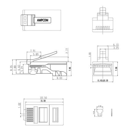 Imagem de AMPCOM CAT5e Conector RJ45 8P8C Modulare Ethernet Cabo Lan 50u Pardalados Conectores UTP Rede Plug